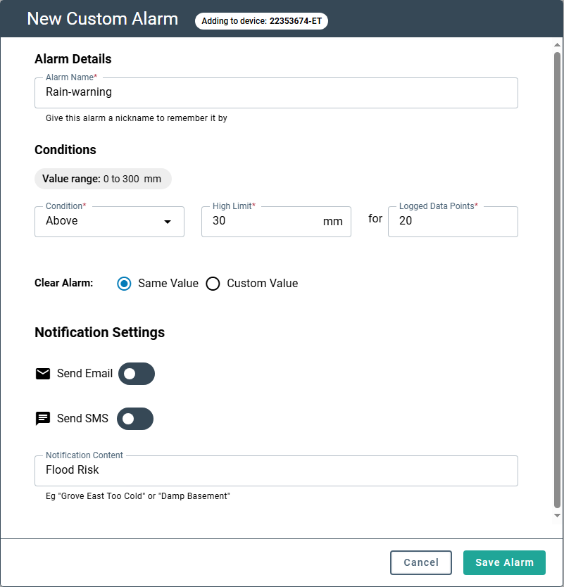 Creating a new custom alarm fo accumulated rain.