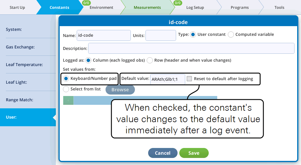 Check to reset a constant to the default after a measurement.