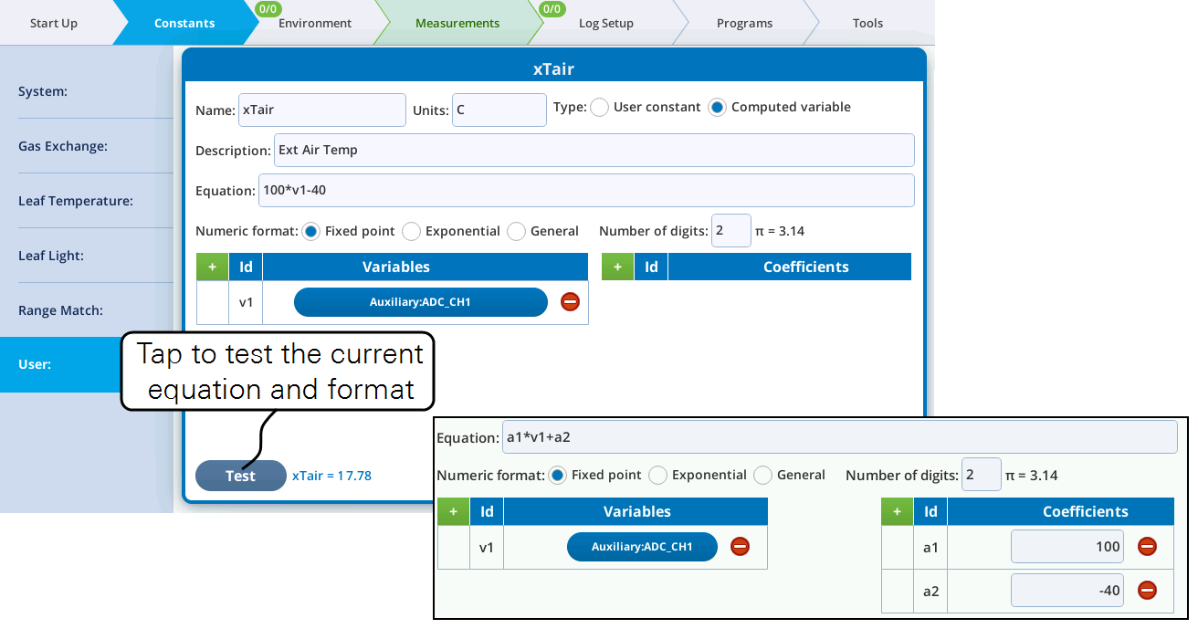 User-constants can be tested with the test button.