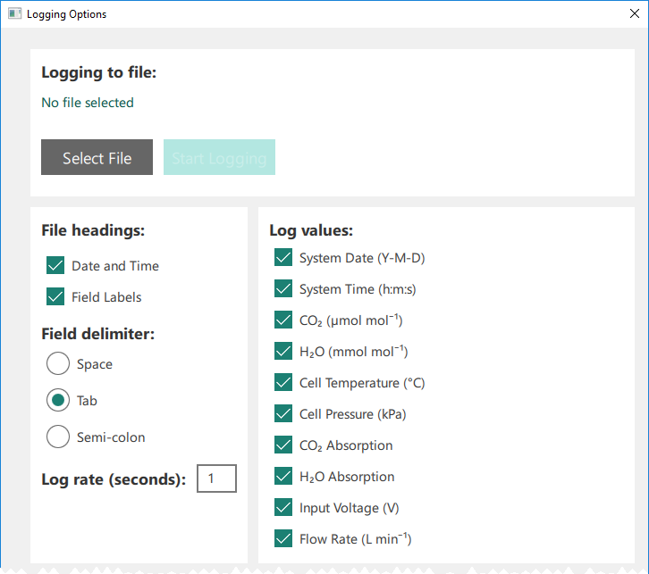 PC data logging options for the LI-850 and LI-830 configure the logging parameters. Similar for the LI-870 in stand-alone applications.